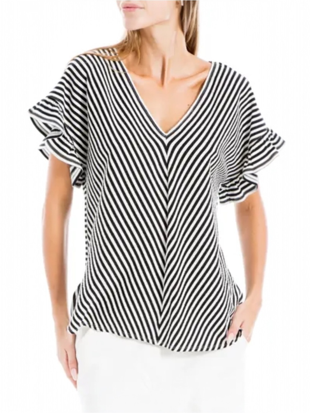 Max Studio XL Navy Ivory Stripe Flutter Sleeve V-Neck Top NWT